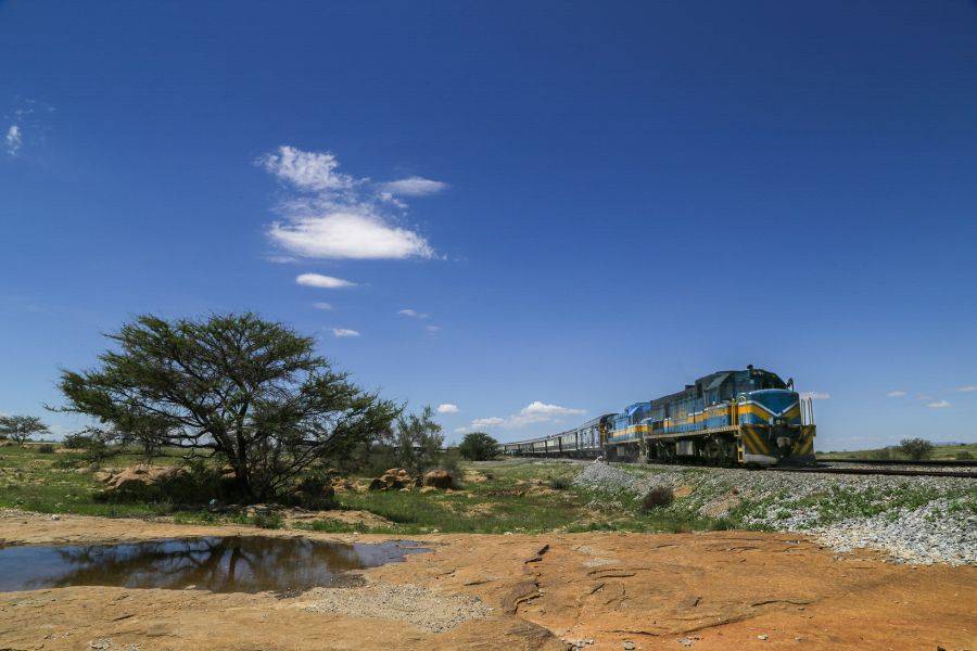 Der African Explorer fährt durch die Savanne des südlichen Afrikas auf einer Luxuszugreise