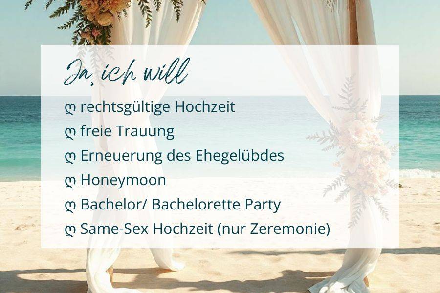 Alle Hochzeitsmöglichkeiten in diesem Resort.