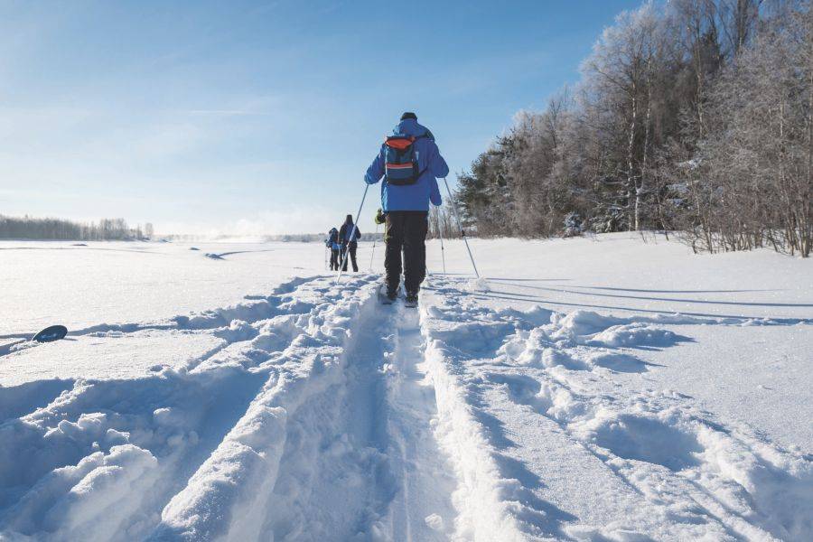 Schneeschuhwanderung durch verschneite Landschaft im Norden