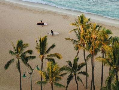 Surfer am goldenen Sandstrand von Waikiki auf Oahu, Hawaii – tropische Palmen, sanfte Wellen und entspannte Beach-Atmosphäre.