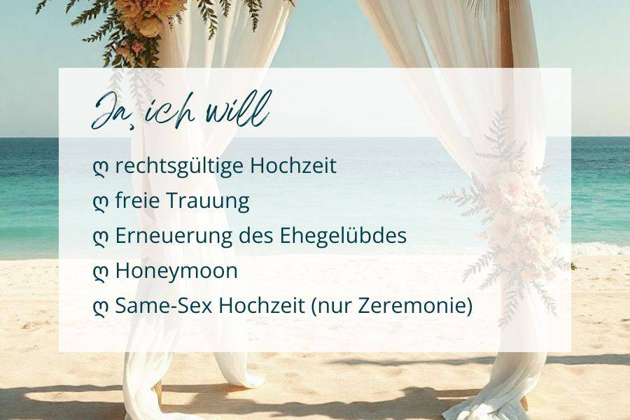 Mögliche Hochzeitsarten in diesem Resort.