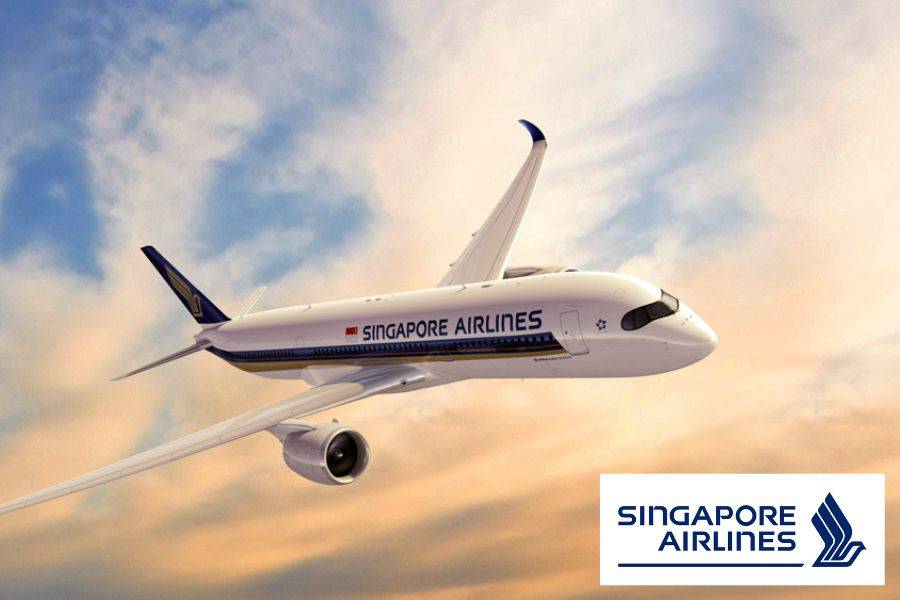 Flugzeug in der Luft mit Singapore Airlines Logo