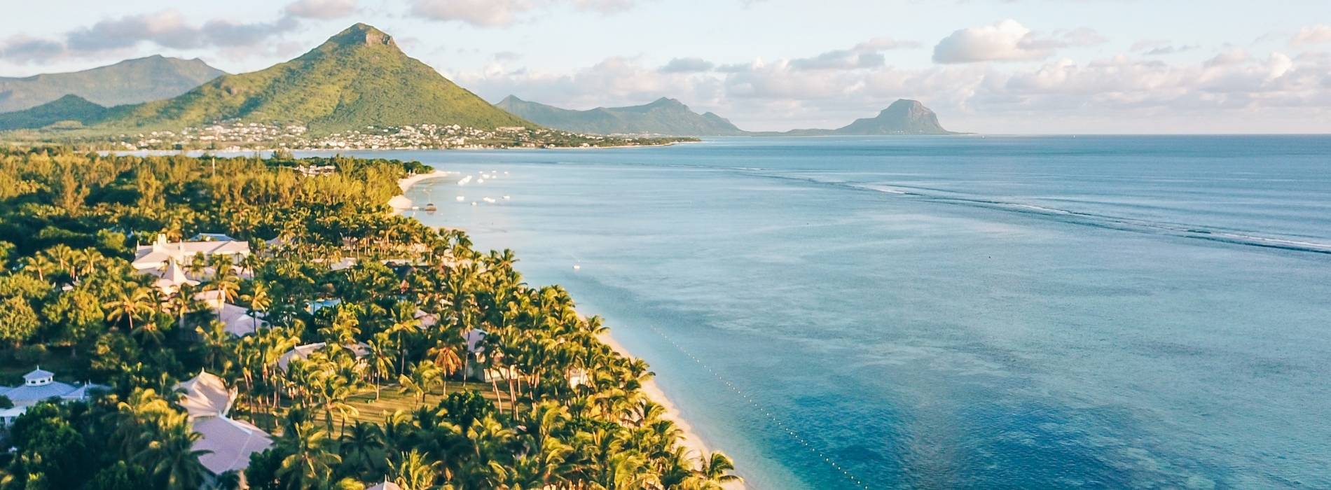 Tropische Küste mit dichtem Palmenwald, Strand und Blick auf das Meer sowie Berge im Hintergrund