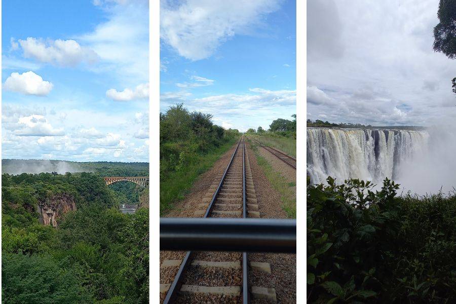 drei Bilder nebeneinander, die die Victoria Falls Brücke, Schienen und die Victoria Falls zeigen