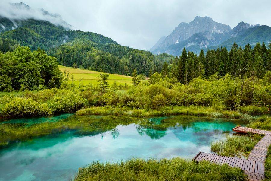 Berglandschaft im Triglav-Nationalpark mit klarem See, Wiesen und Alpenpanorama in Slowenien