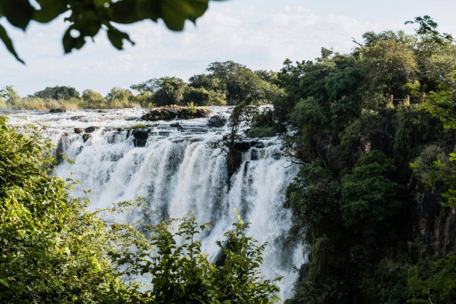 Blick auf die imposanten Victoriafälle in Simbabwe, umgeben von üppiger tropischer Vegetation.