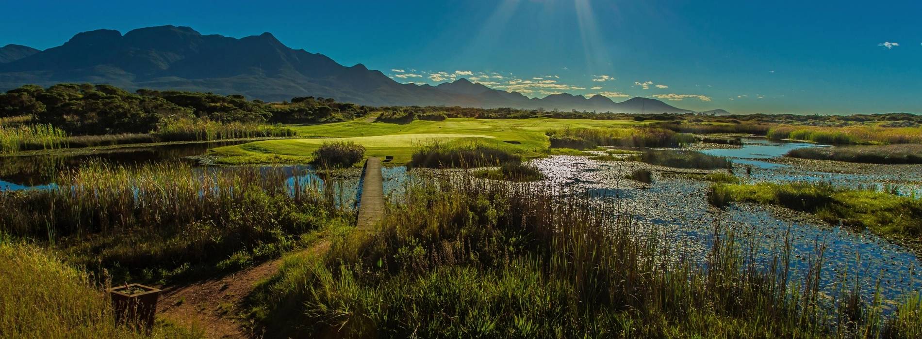 Weite Feuchtlandschaft mit Wasserflächen, Schilf und Bergen im Hintergrund unter blauem Himmel
